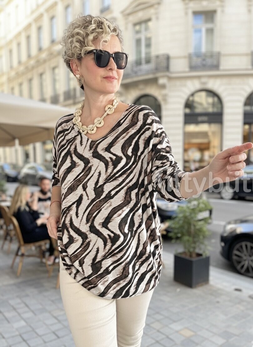 Yassa İtalyan V Yaka Zebra Desenli Triko Bej