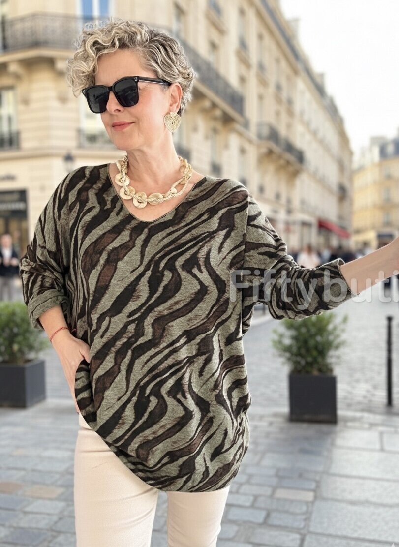 Yassa İtalyan V Yaka Zebra Desenli Triko Haki