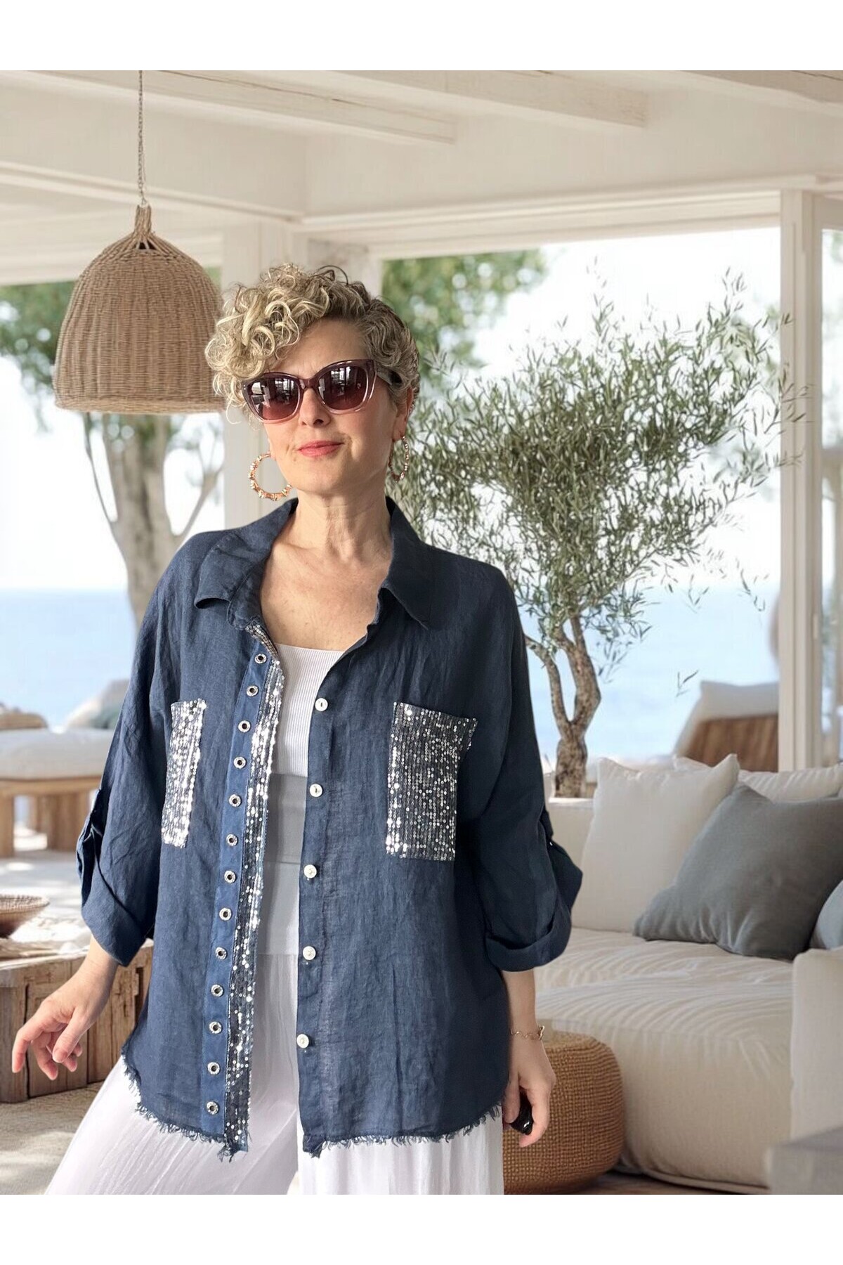 Afro  İtalyan Vip Pul Payet Detay Gömlek Ceket Lacivert