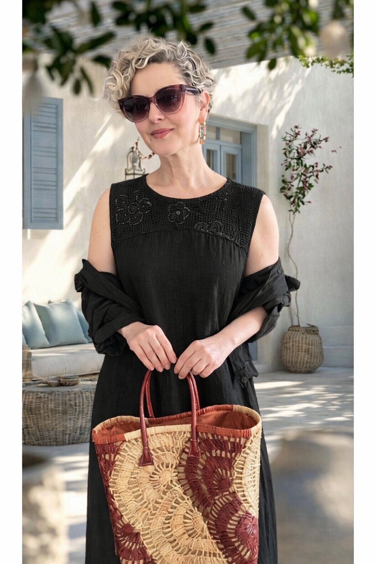 Fisso %100 Linen Kolsuz Elbise & Cep Pul Detaylı Ceket Takım Siyah