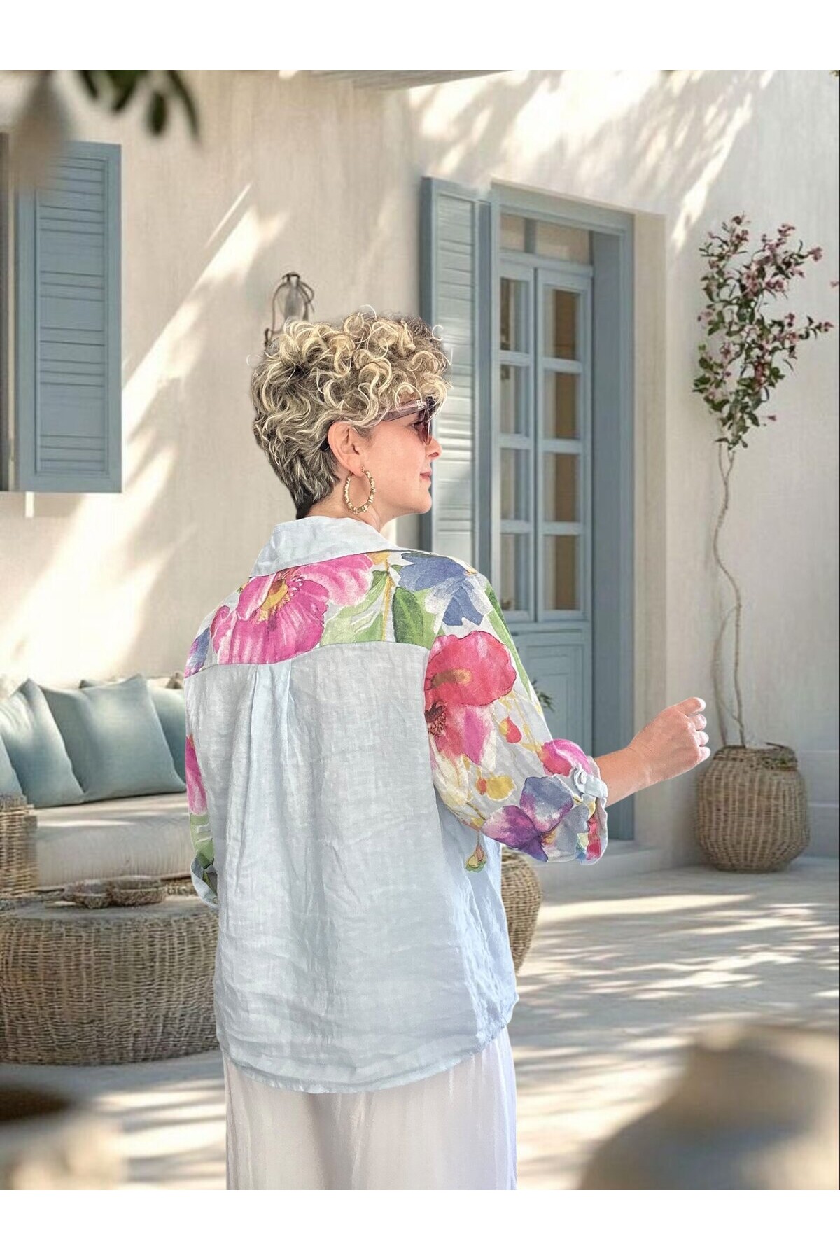 Flora İtalyan Floral Desenli Bağlamalı Linen Gömlek Bebe Mavi