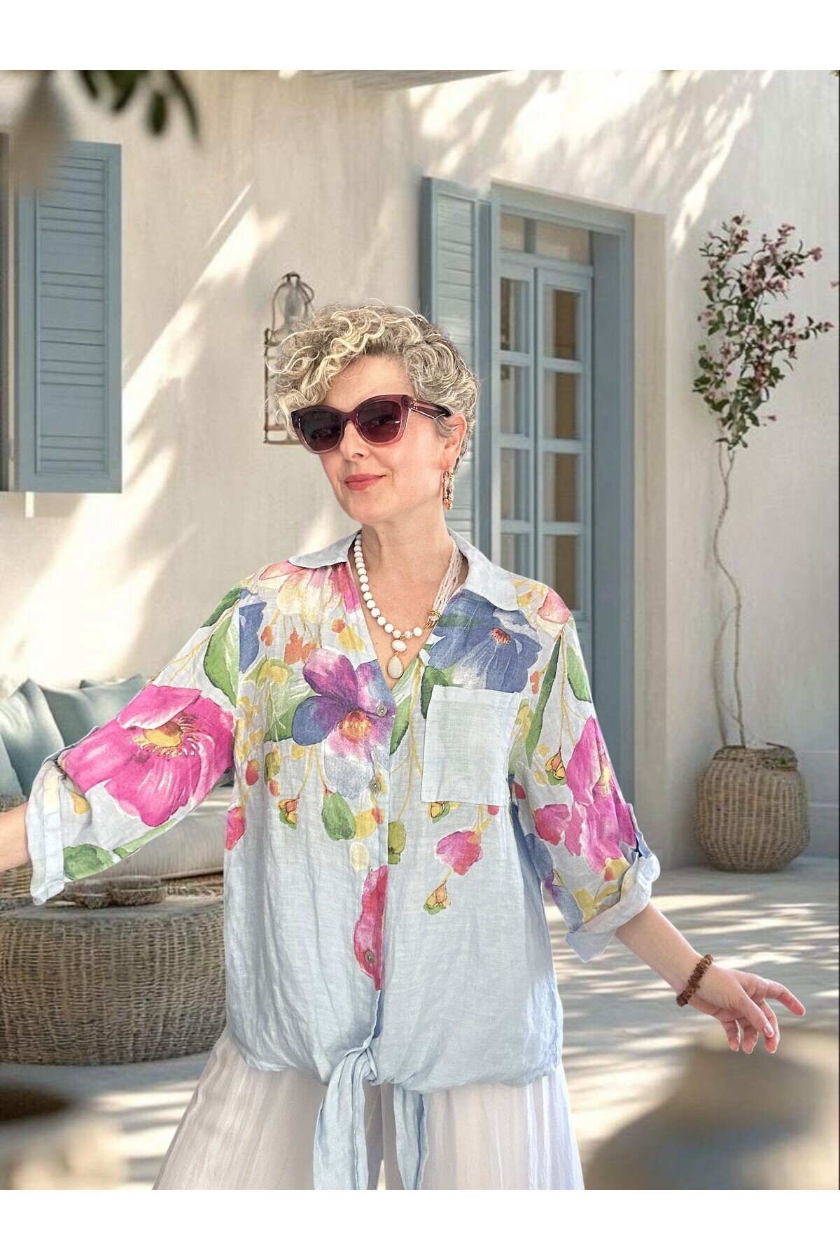 Flora İtalyan Floral Desenli Bağlamalı Linen Gömlek Bebe Mavi
