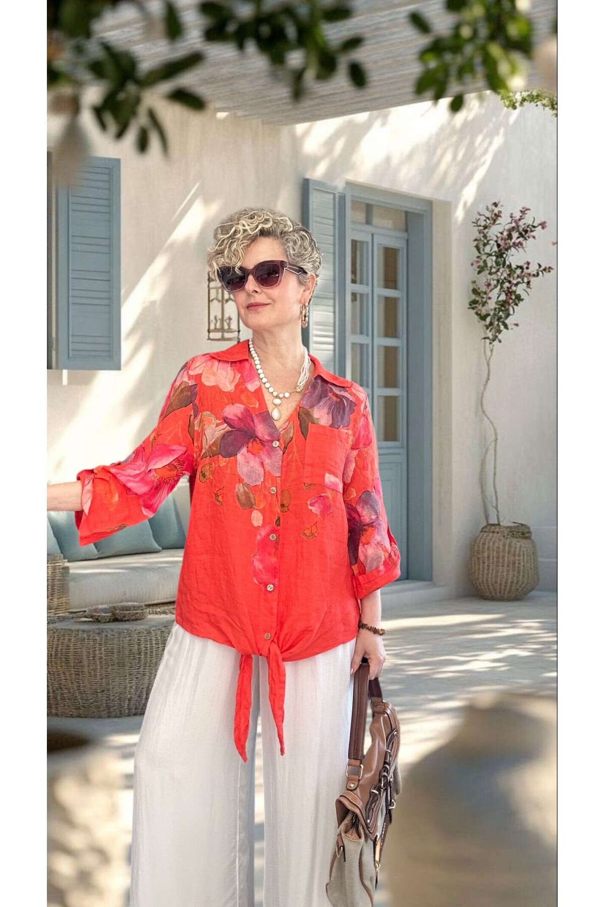 Flora İtalyan Floral Desenli Bağlamalı Linen Gömlek Mercan