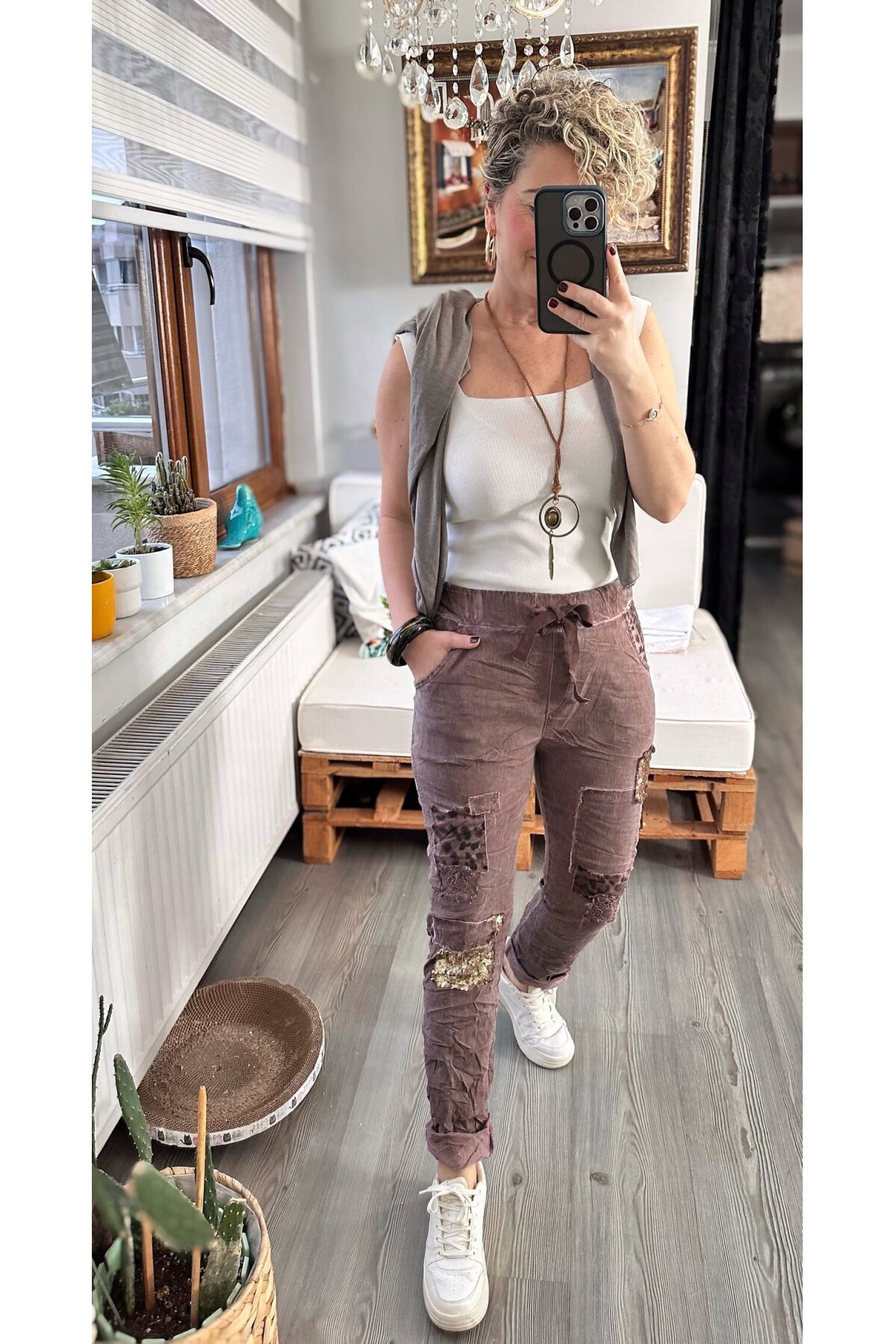 İtaliana Leopar Desen Pul Detaylı Sihirli Pantolon Mürdüm