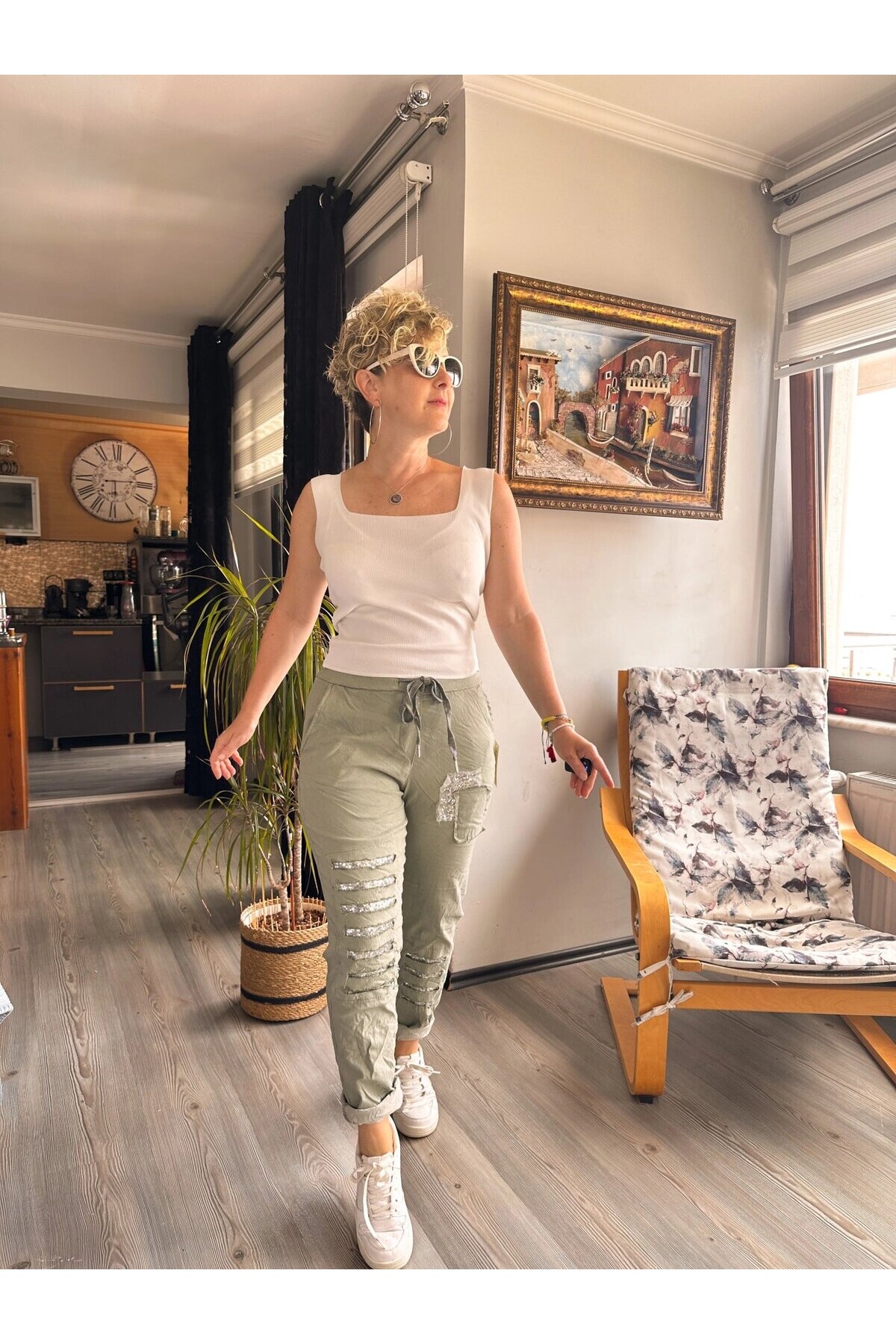 İtalyan Sihirli Payet Detay Pantalon Açık Haki