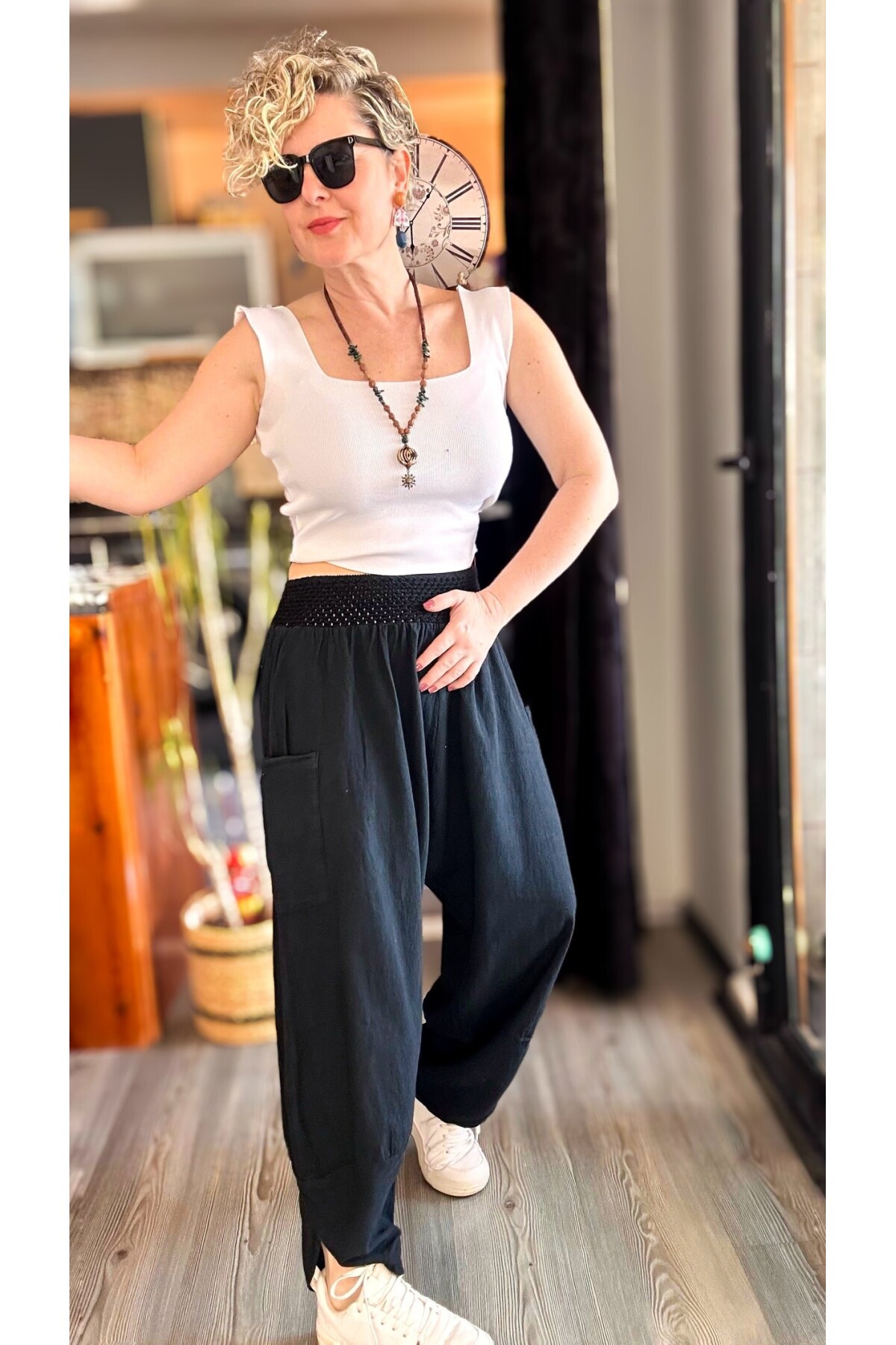 Jimmy V Paça Detaylı Bel Lastik Pamuk Pantalon Siyah