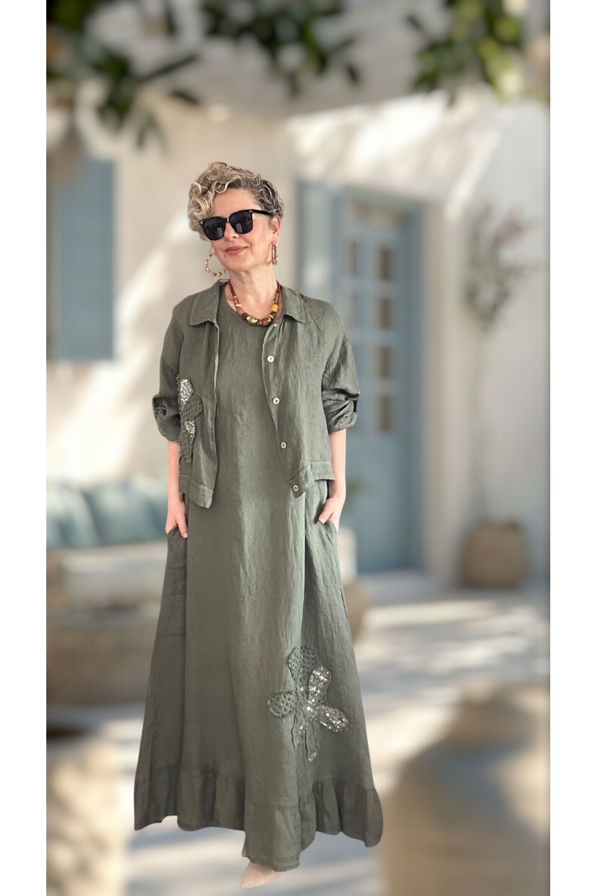 Kubba İthal %100 Linen Ceket & Kolsuz Elbise Takımı Papatya Haki