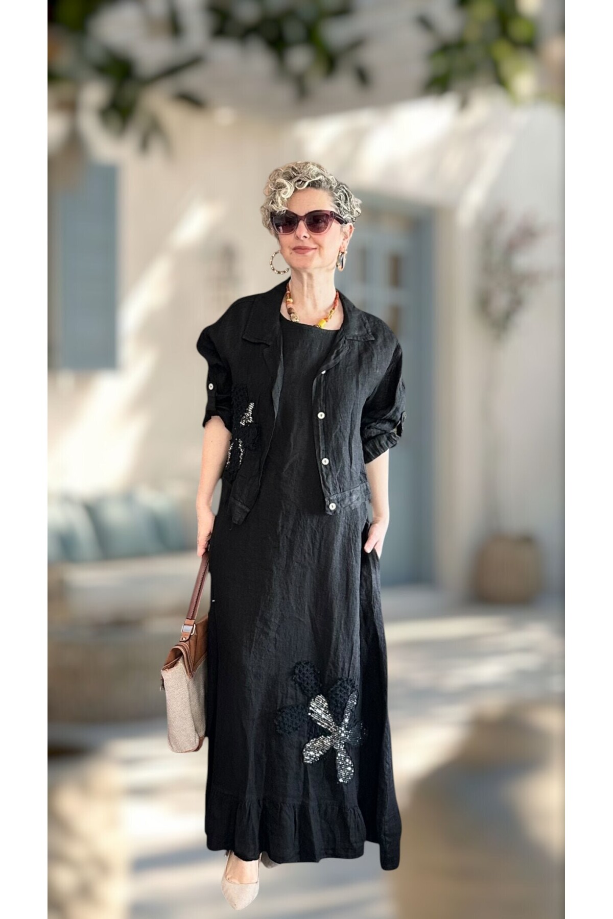 Kubba İthal %100 Linen Ceket & Kolsuz Elbise Takımı Papatya Siyah