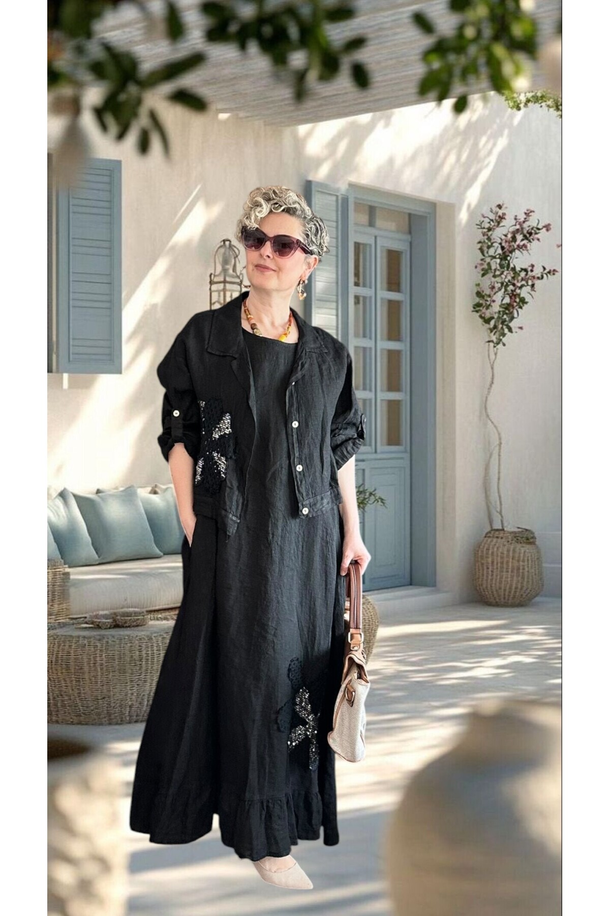 Kubba İthal %100 Linen Ceket & Kolsuz Elbise Takımı Papatya Siyah