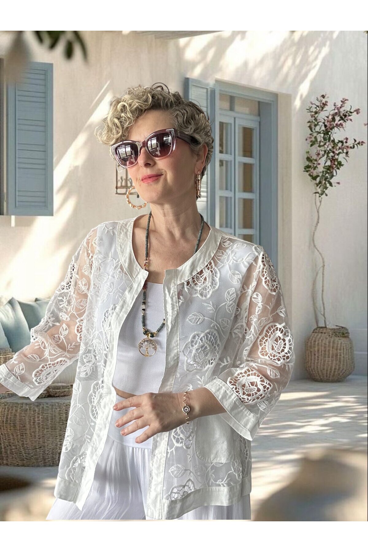 Lunna İtalyan Dantel Nakışlı Ceket Beyaz