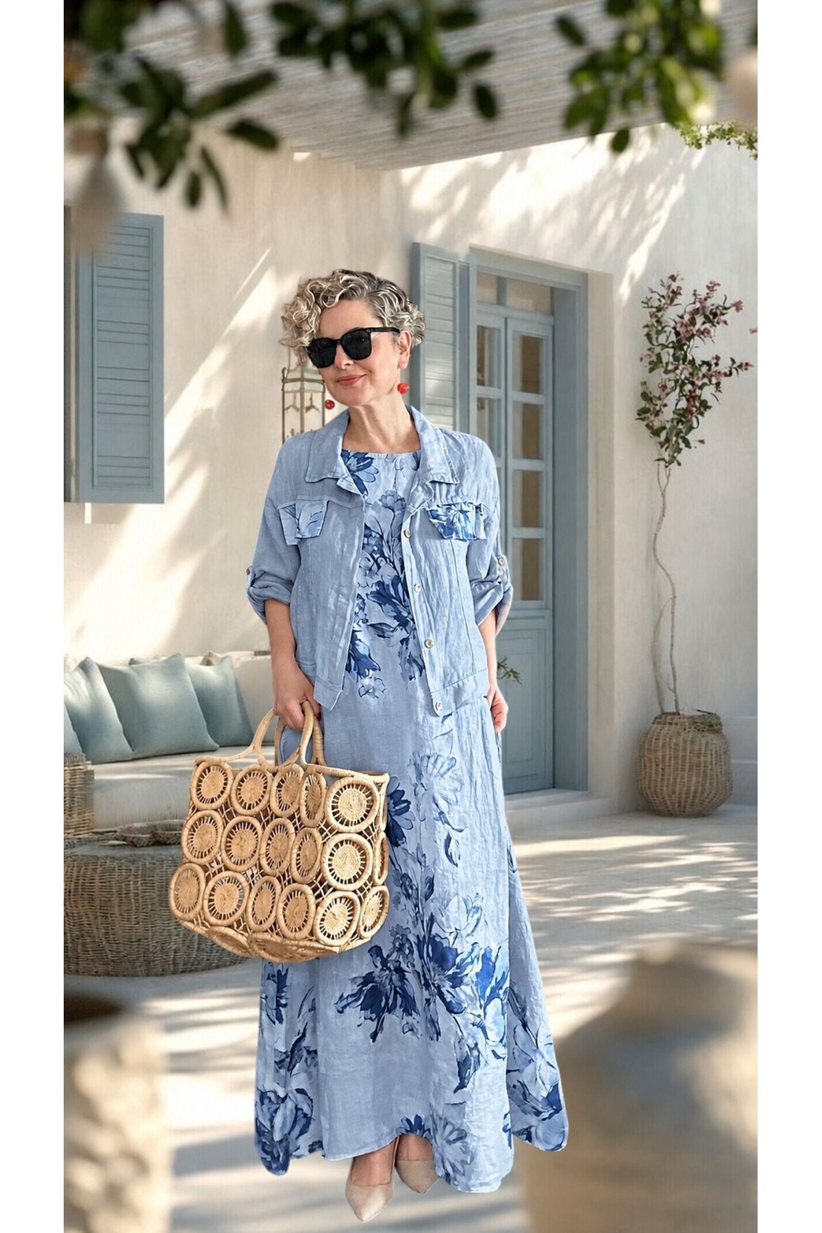 Mikka İthal %100 Linen Ceket & Kolsuz Elbise Takımı Bebe Mavi