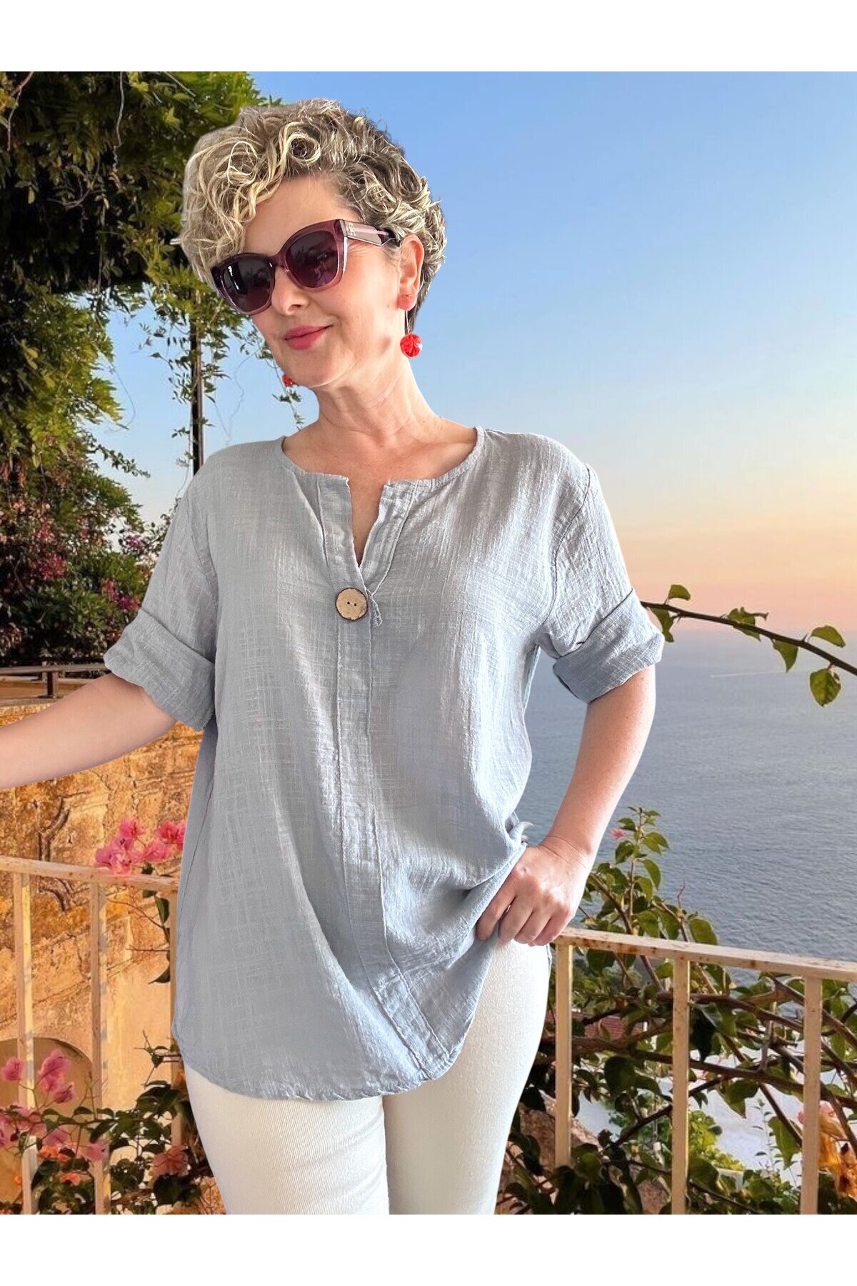 Peppino İtalyan Tahta Düğme Detay Bluz Açık Gri
