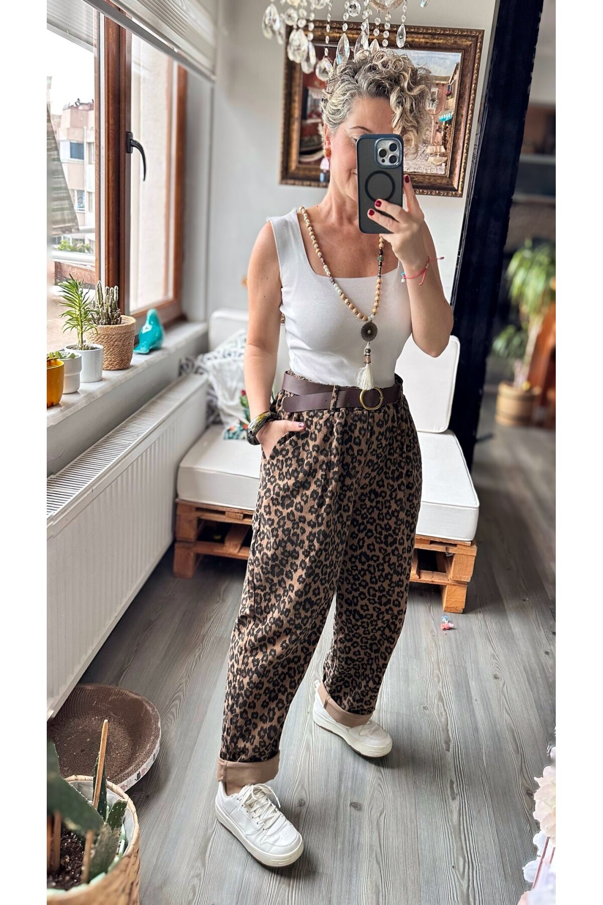 Rosa İtalyan Balon Kemerli Leopar Desen Pantolon
