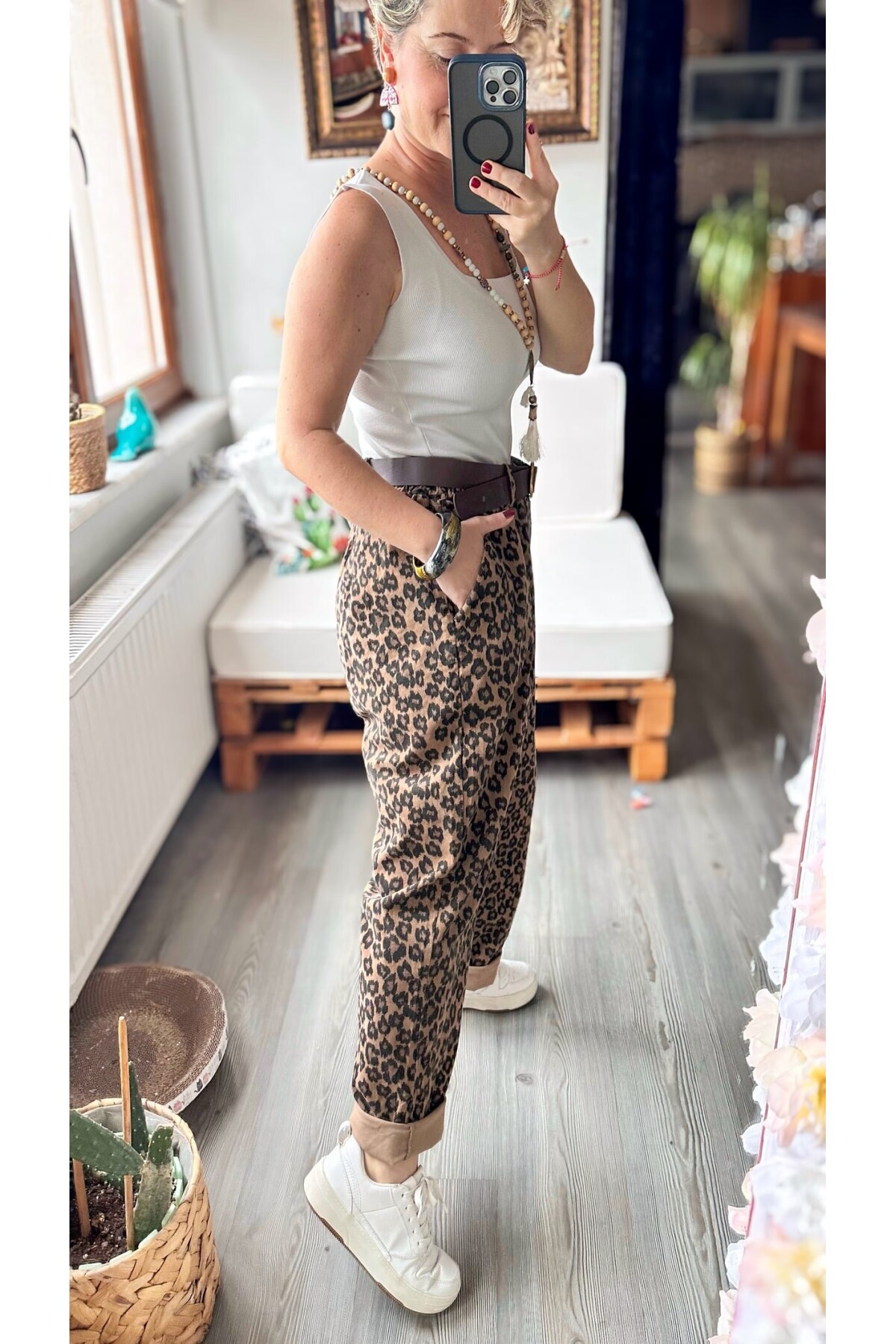 Rosa İtalyan Balon Kemerli Leopar Desen Pantolon
