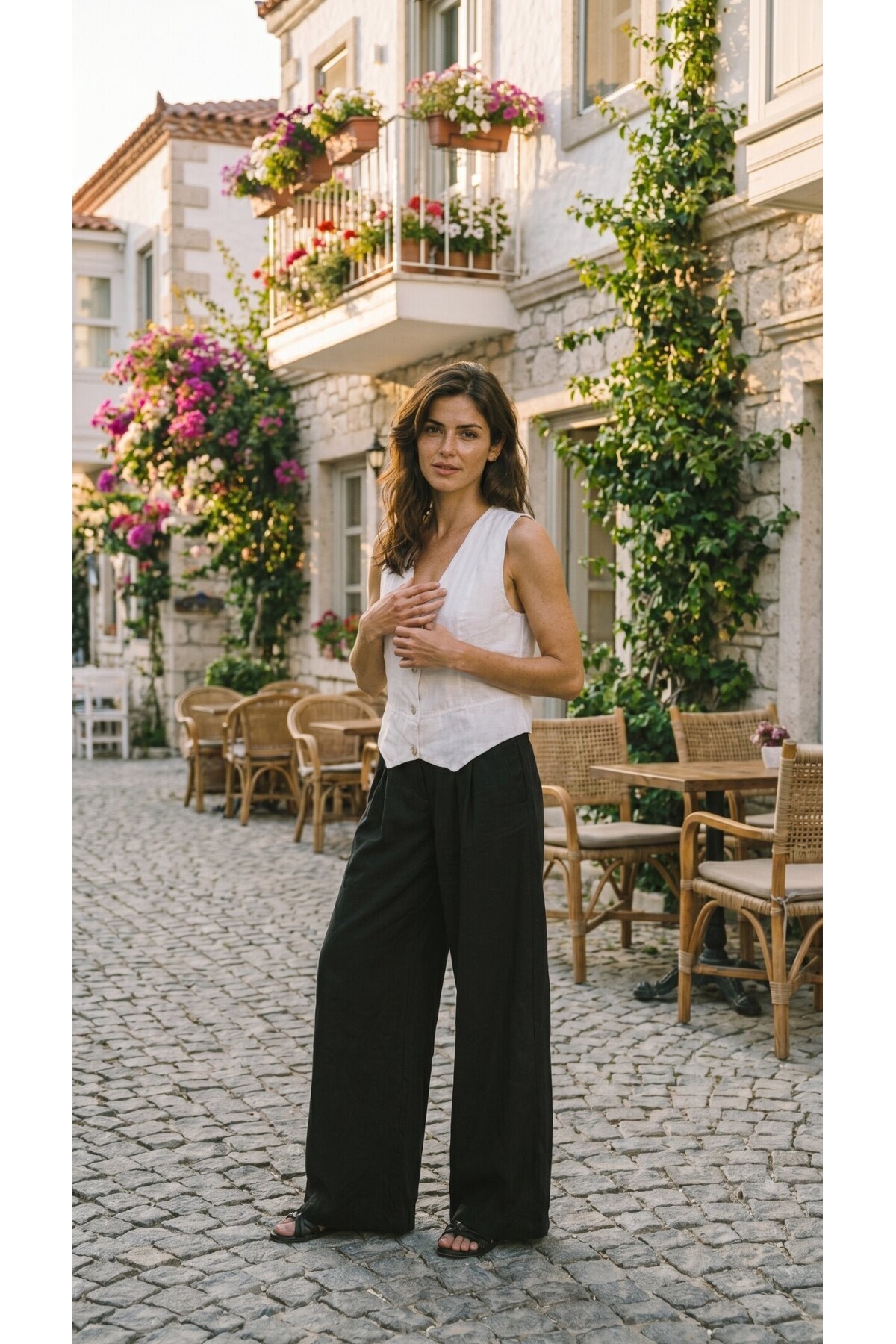 Terra %100 Linen Tasarım Düğmeli Yelek Beyaz