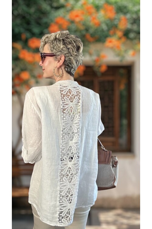 Brezza Payet İşlemeli & Sırtı Güpürlü Premium Linen Gömlek Beyaz
