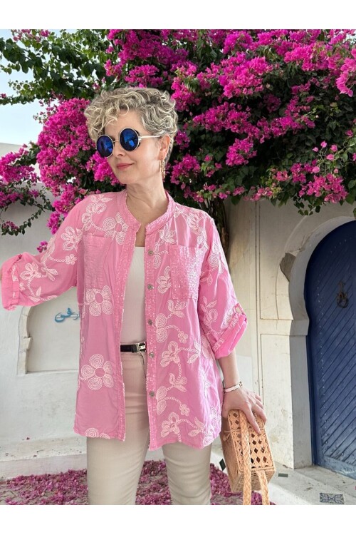 Getto İtalyan Çiçek Brode Detaylı Pamuk Gömlek Pembe
