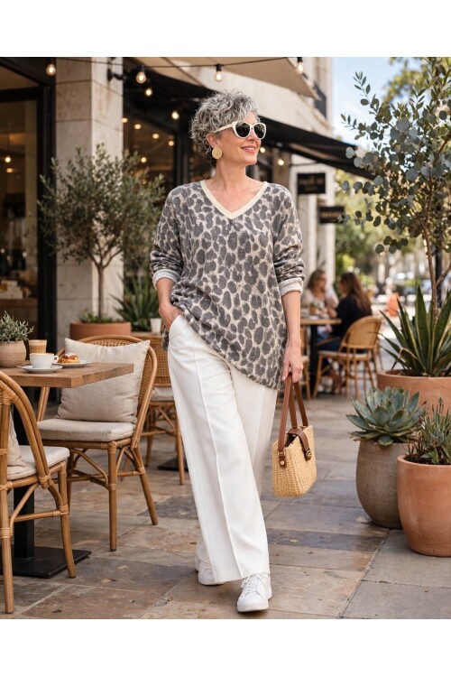 Hanna İtalyan Leopar Desen Simli Bluz Vizon