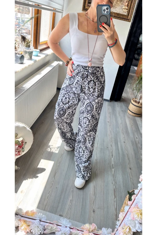 Carmen Şal Desen Pantolon Siyah Beyaz