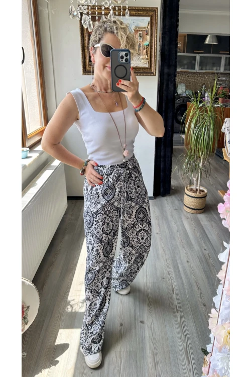 Carmen Şal Desen Pantolon Siyah Beyaz