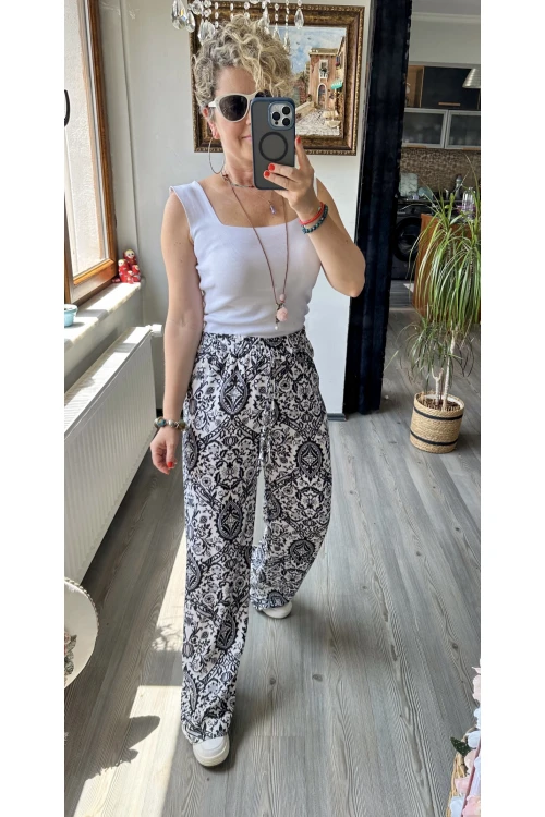 Carmen Şal Desen Pantolon Siyah Beyaz
