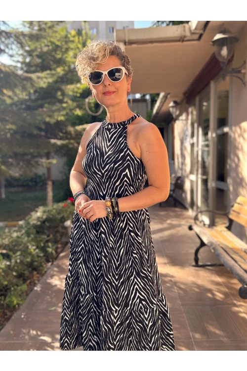 Hera Halter Zebra Desenli Elbise