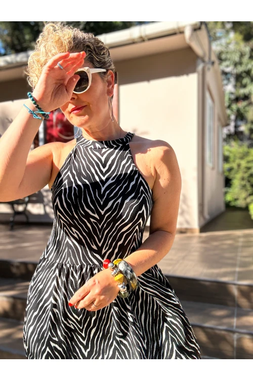 Hera Halter Zebra Desenli Elbise