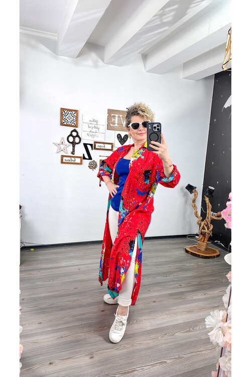 Livali Mavi Fırça Baskı Desen Gömlek Elbise Kap Kırmızı