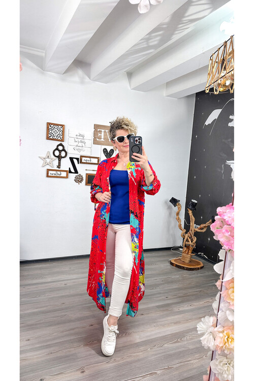 Livali Mavi Fırça Baskı Desen Gömlek Elbise Kap Kırmızı