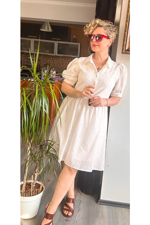 Marla Düğmel Detaylı Güpür Elbise Beyaz