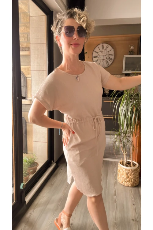 Mms Bel Büzgü Detay Elbise Bej