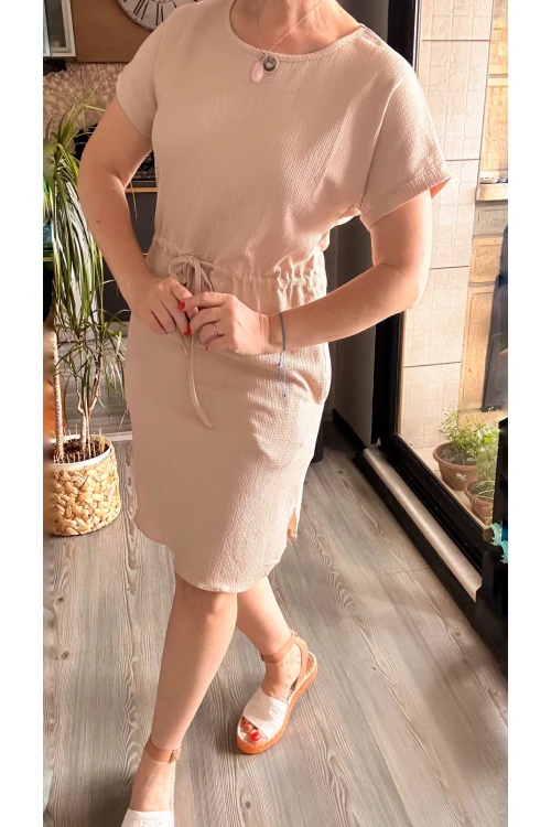 Mms Bel Büzgü Detay Elbise Bej