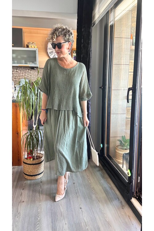 Abitare İtalyan Fisto File Detay Vip Elbise Haki