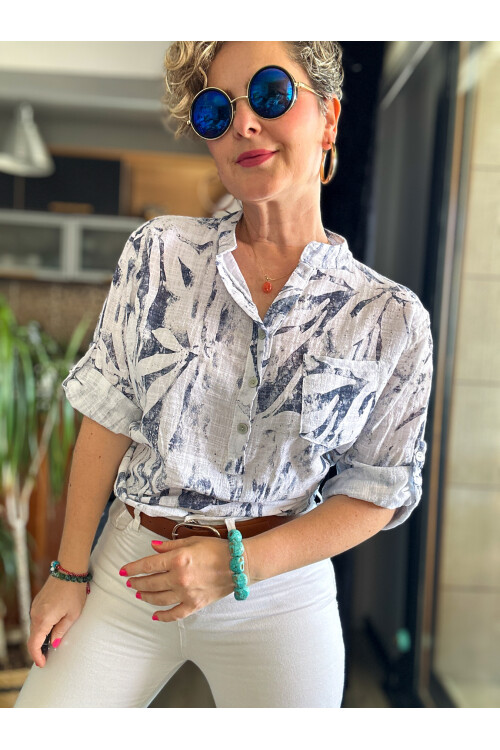 Bergamo Spiral Yaprak Beyaz Desenli İtalyan Gömlek