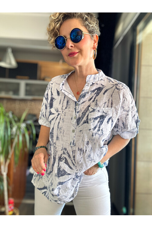 Bergamo Spiral Yaprak Beyaz Desenli İtalyan Gömlek