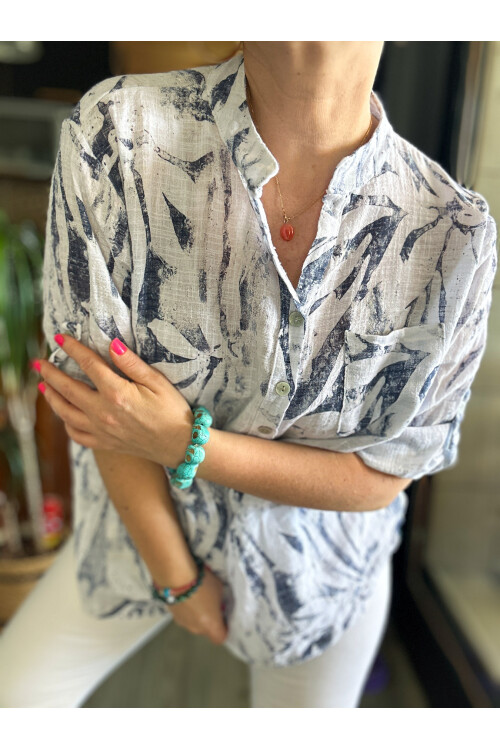 Bergamo Spiral Yaprak Beyaz Desenli İtalyan Gömlek