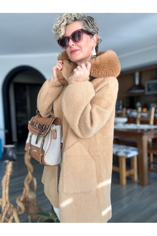 Camisa İthal Angore Kürk Kapşon Beşgen Cep Ceket Camel