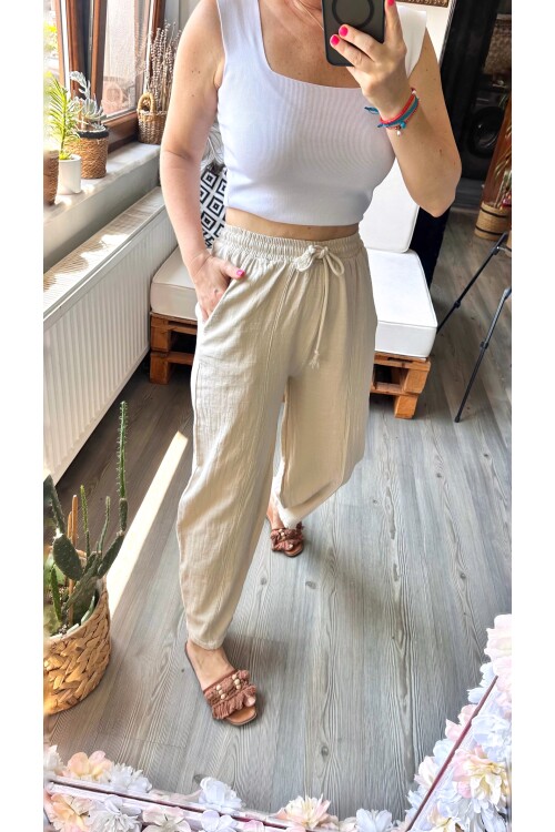 Etno Çıma Detay Bel Lastik Tasarım Pantolon Bej