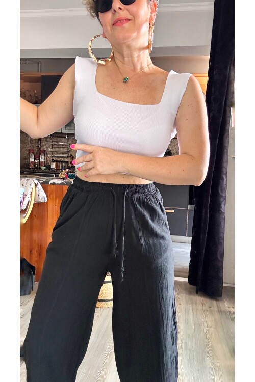 Etno Çıma Detay Bel Lastik Tasarım Pantolon Siyah