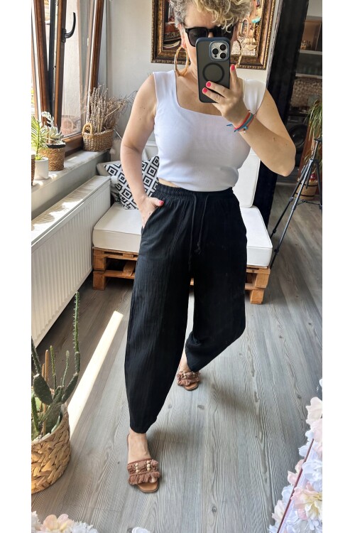 Etno Çıma Detay Bel Lastik Tasarım Pantolon Siyah