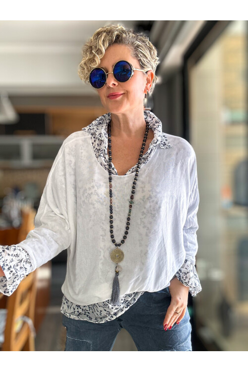 Femme İtalyan Gömlekli Bluz Triko Takım Beyaz