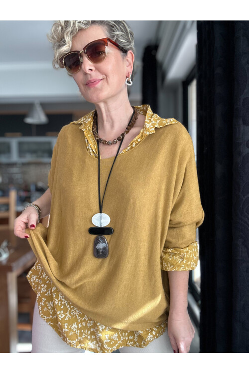 Femme İtalyan Gömlekli Bluz Triko Takım Safran