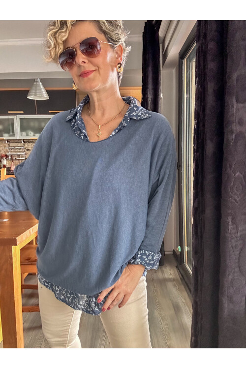 Femme İtalyan Gömlekli Bluz Triko Takım İndigo