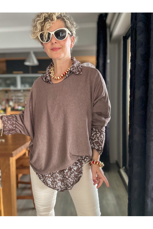 Femme İtalyan Gömlekli Bluz Triko Takım Kahve