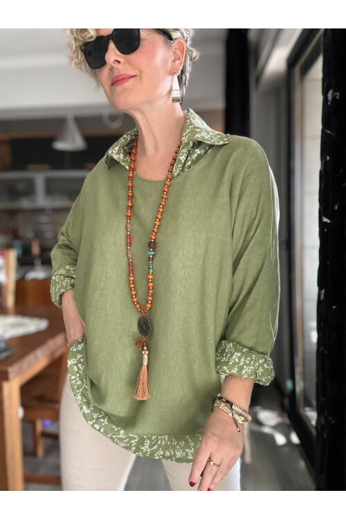 Femme İtalyan Gömlekli Bluz Triko Takım Yağ Yeşil