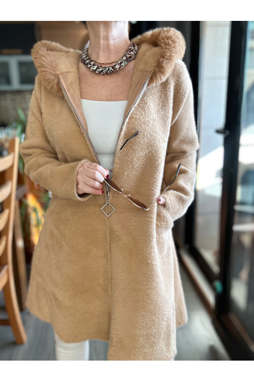 Firenze İthal Angore Kürk Kapşon A Kesim Detay Ceket Camel