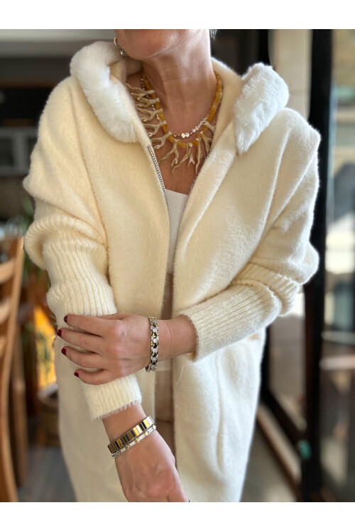 Flori İthal Angore Kürk Kapşon Kol Şerit Detay Ceket Ekru