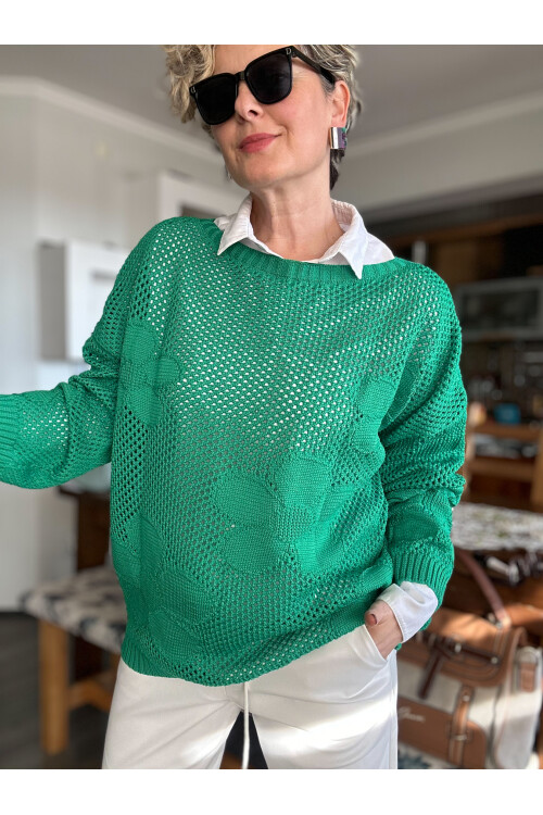 Funny Çiçek Desen Delikli Triko Bluz Yeşil