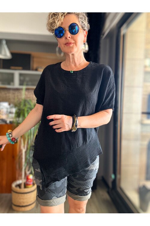 Getto Asimetrik Kesim File Detay Bluz Siyah