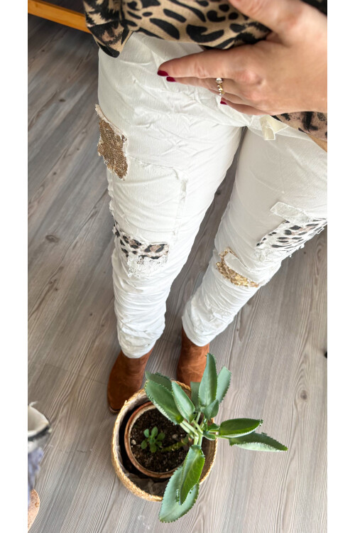 İtaliana Leopar Desen Pul Detaylı Sihirli Pantolon Beyaz